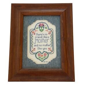 Vintage Framed Cross Stitch “There’s No Friend Like a Mother” Floral Heart 9"x7"